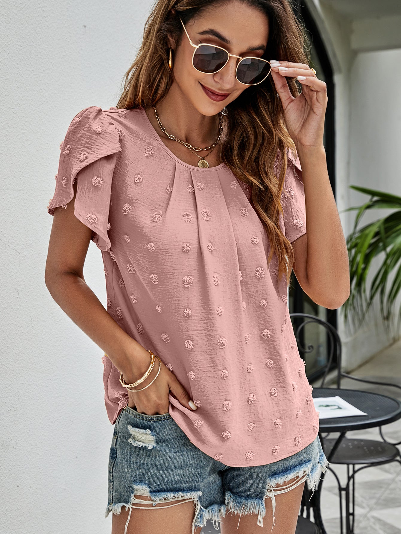 Swiss Dot Round Neck Petal Sleeve Top