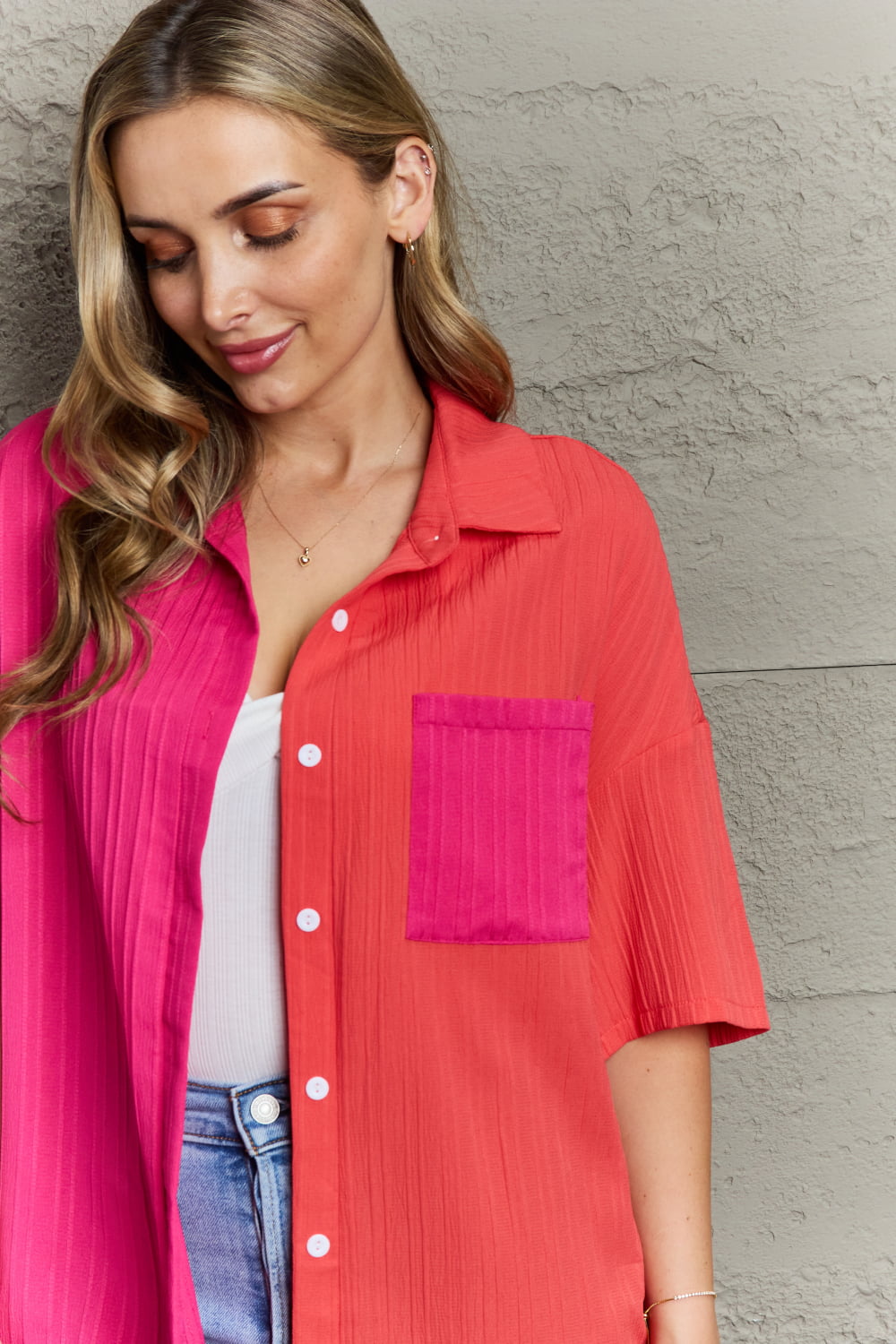 Two-Tone Button Front Dropped Shoulder Shirt