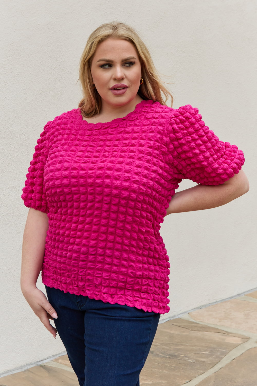 And The Why Full Size Bubble Textured Puff Sleeve Top