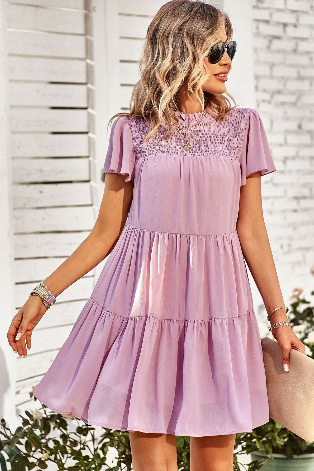 Smocked Puff Sleeve Tiered Mini Dress