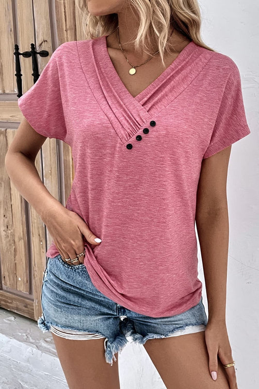 Decorative Button V-Neck Short Sleeve Tee