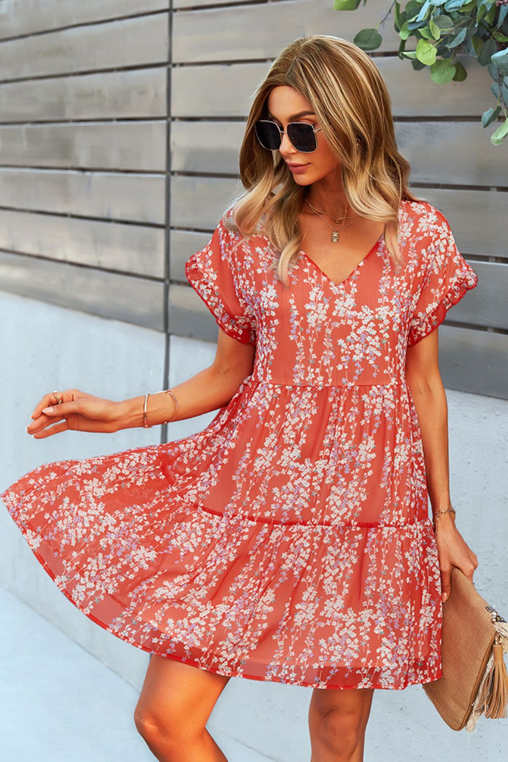 Printed V-Neck Short Sleeve Tiered Dress