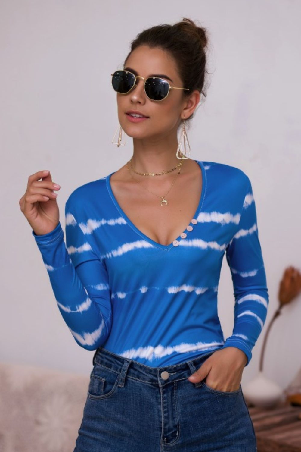 Tie-Dye Plunge Long Sleeve Top