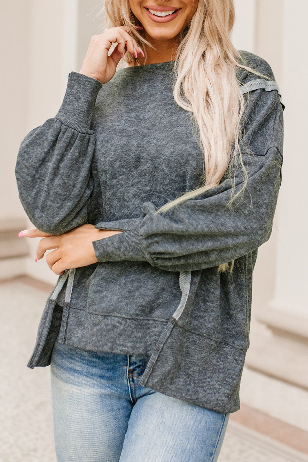 Double Take Acid Wash Round Neck Seam Detail Slit Sweatshirt