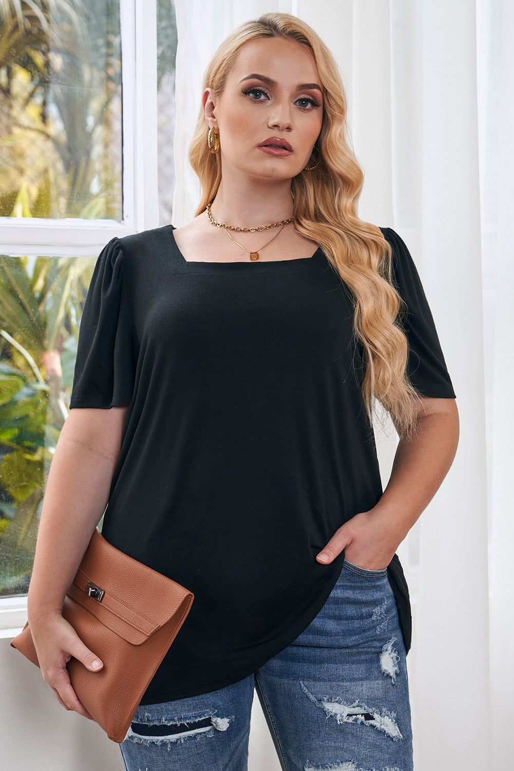 Plus Size Square Neck Puff Sleeve Tee