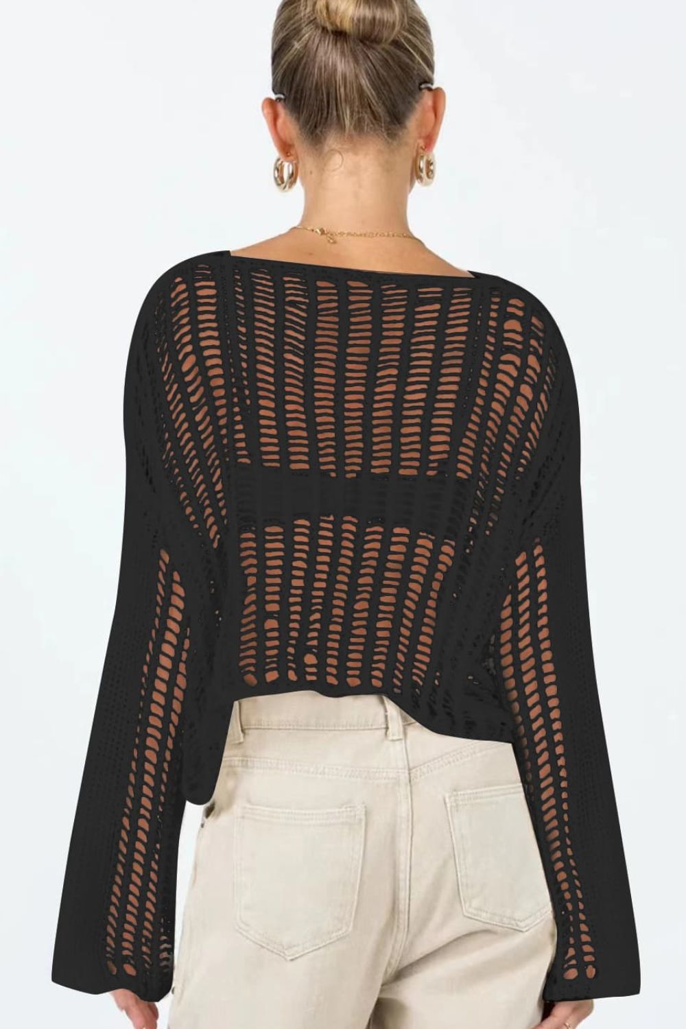 Openwork Boat Neck Long Sleeve Cover Up