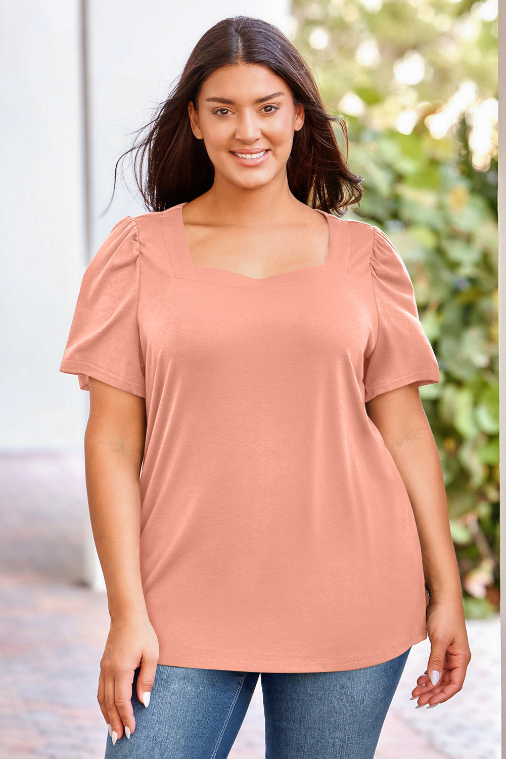 Plus Size Square Neck Puff Sleeve Tee