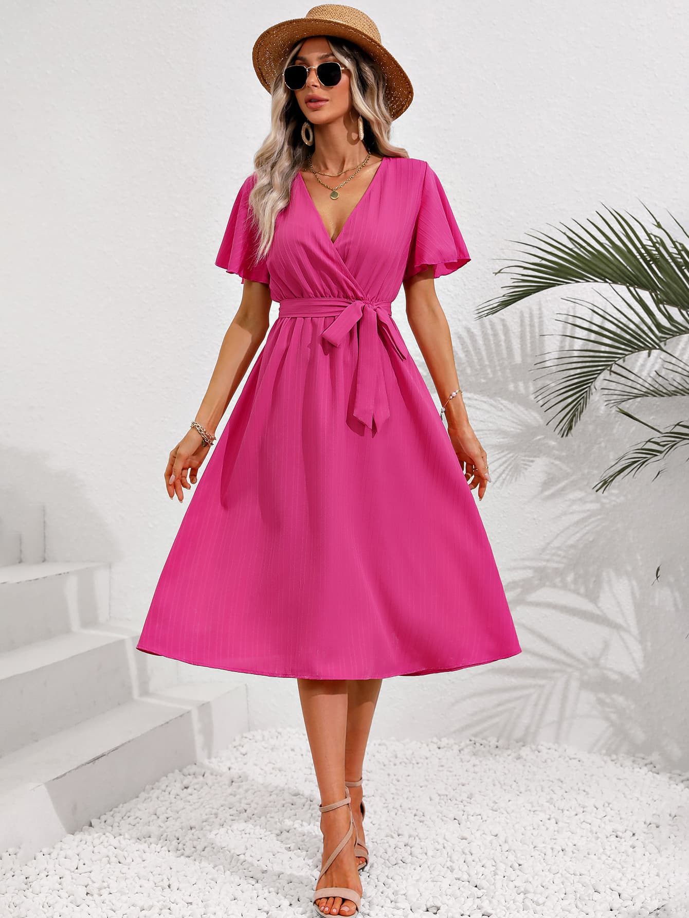 Surplice Neck Tie Belt Midi Dress