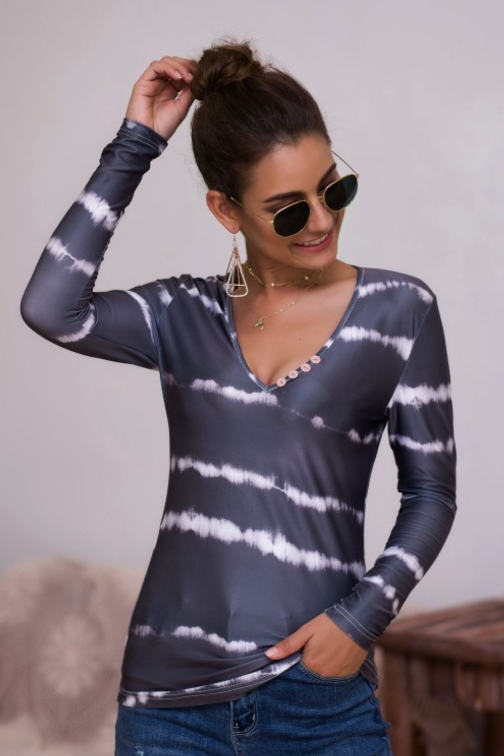 Tie-Dye Plunge Long Sleeve Top